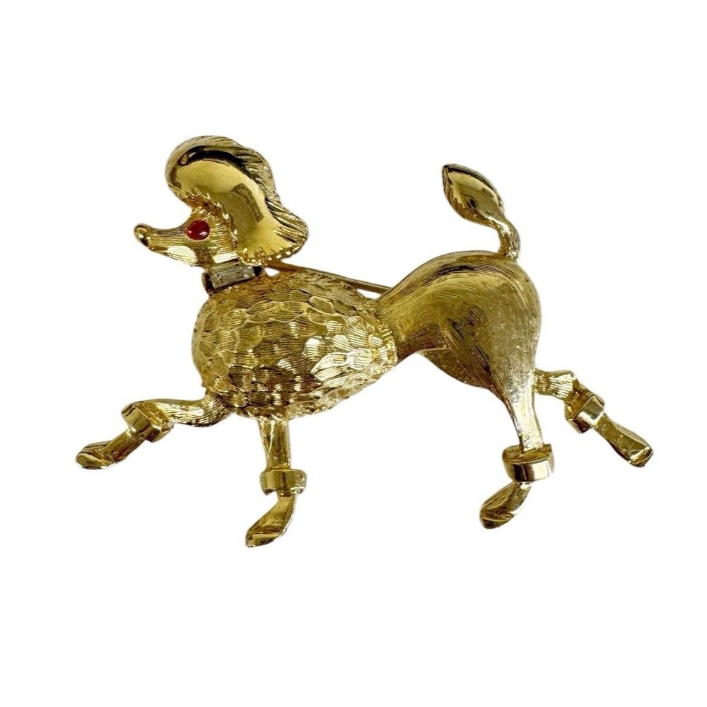 Vintage Gold-Tone Prancing Poodle Dog Brooch Pin Red Jeweled Eye
